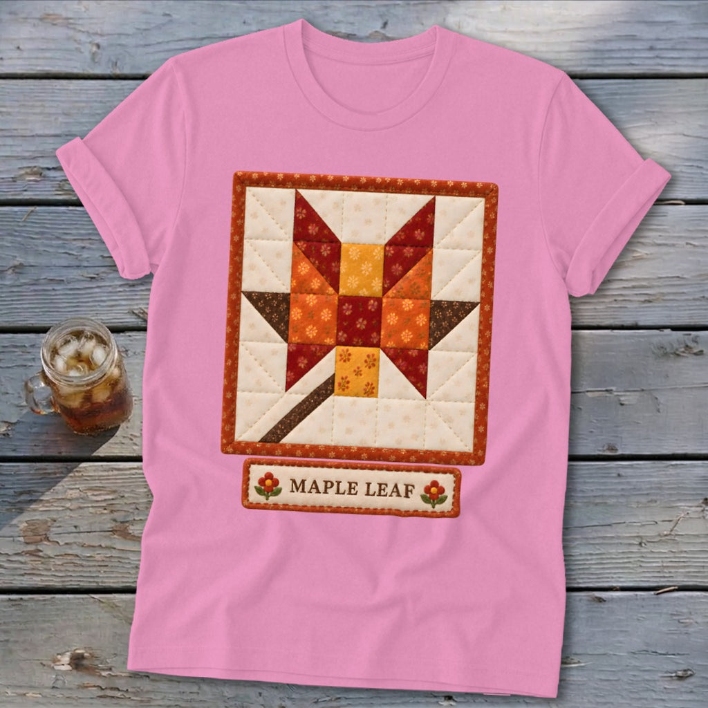 Pink t-shirt with a quilted maple leaf design and "Maple Leaf" text label.