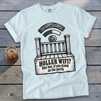 Light blue t-shirt featuring a porch graphic and the text HOLLER WIFI? One bar, if you stand on the porch.