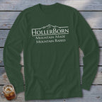 Green long-sleeve shirt with "HollerBorn Mountain Made Mountain Raised" text and mountain graphic.