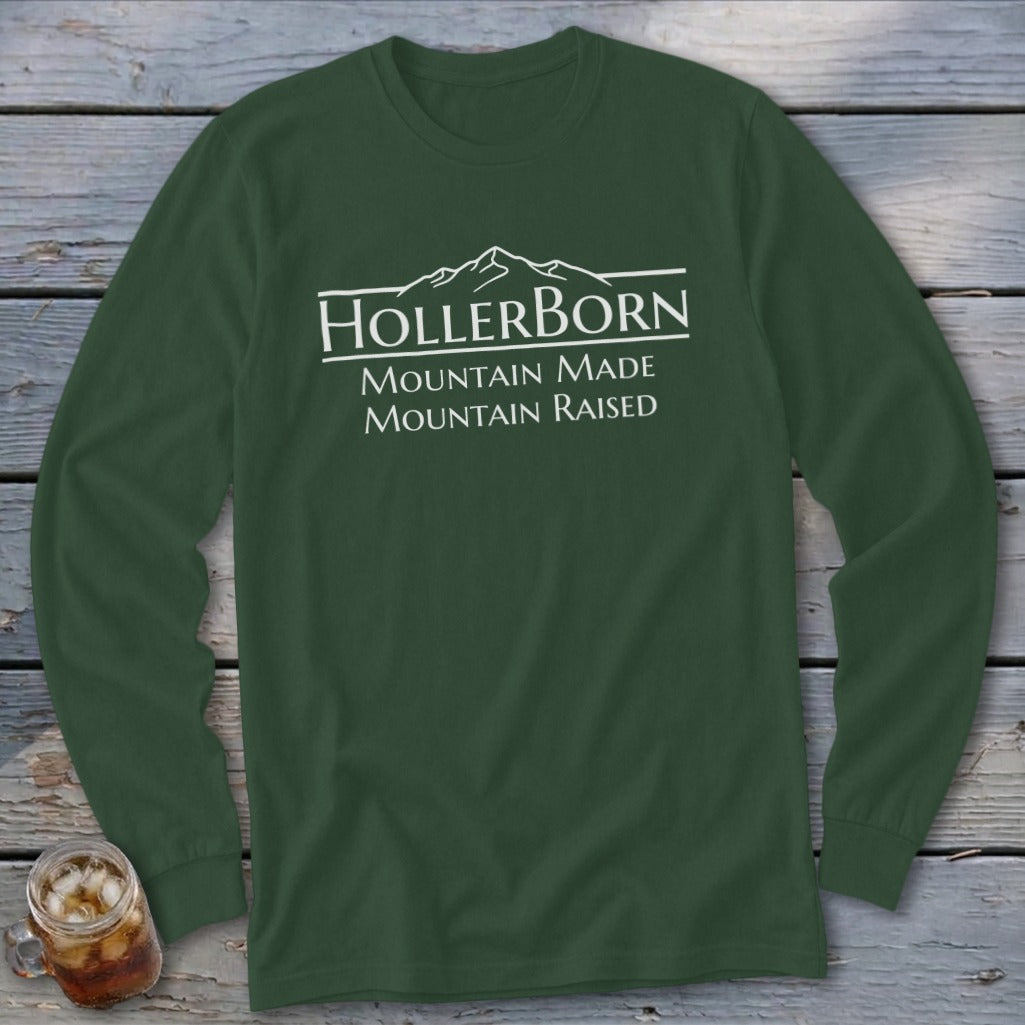 Green long-sleeve shirt with "HollerBorn Mountain Made Mountain Raised" text and mountain graphic.