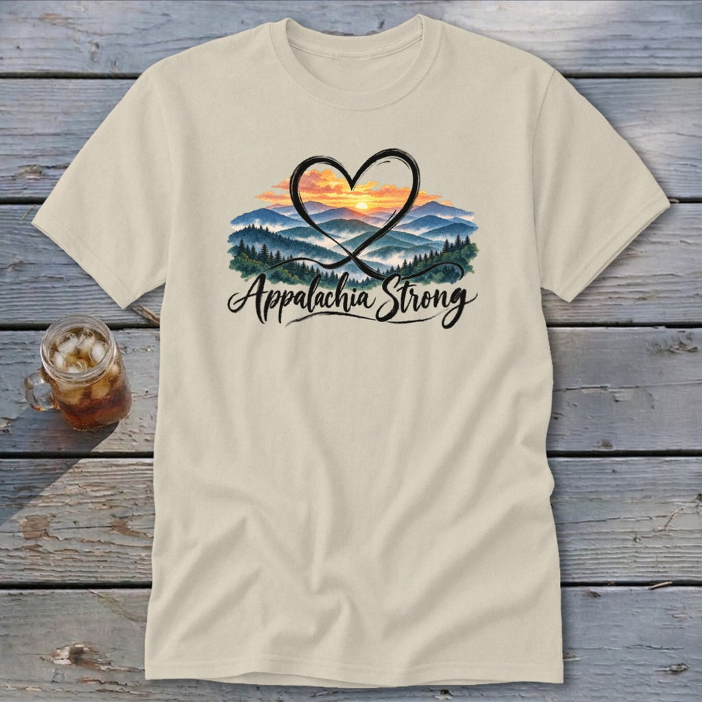 Cream t-shirt with a heart, mountains, and "Appalachia Strong" text.