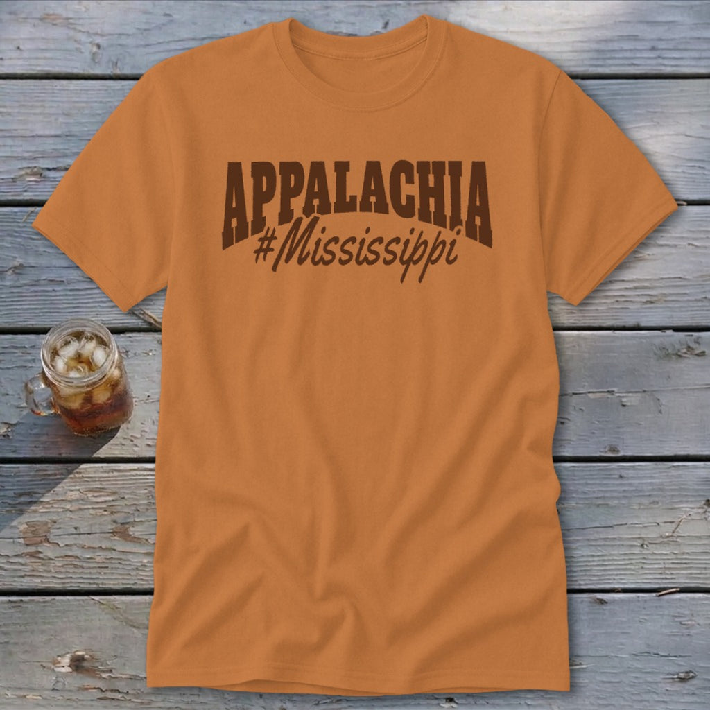 Orange t-shirt with "APPALACHIA #Mississippi" printed in dark brown text.
