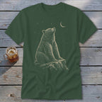 Green t-shirt with a bear sitting on a rock looking at the moon and stars.