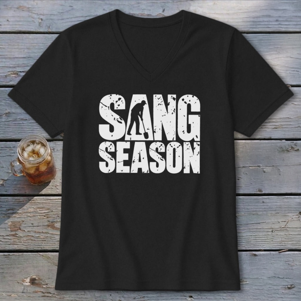 A black V-neck t-shirt with white text reading SANG SEASON and a silhouette digging.