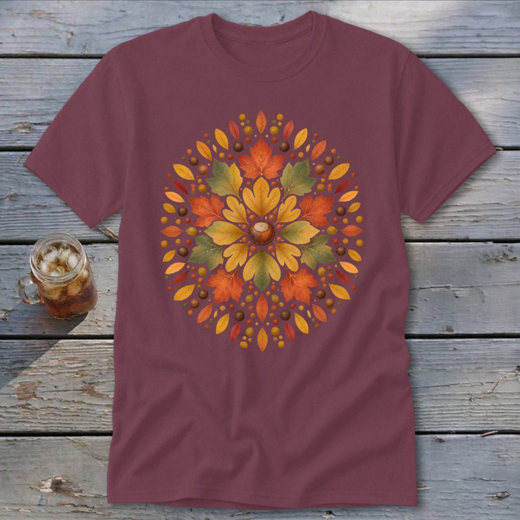 Maroon t-shirt with a circular autumn leaf and acorn design centered on the chest.