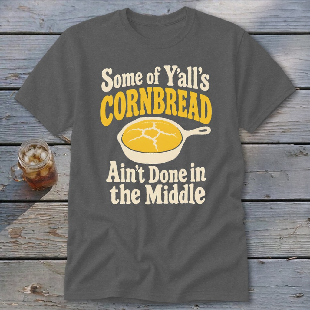 Charcoal gray t-shirt featuring text and a cast-iron skillet graphic with cornbread.