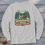 Homebound for the Mountain Christmas text with a red truck on a snowy mountain road.