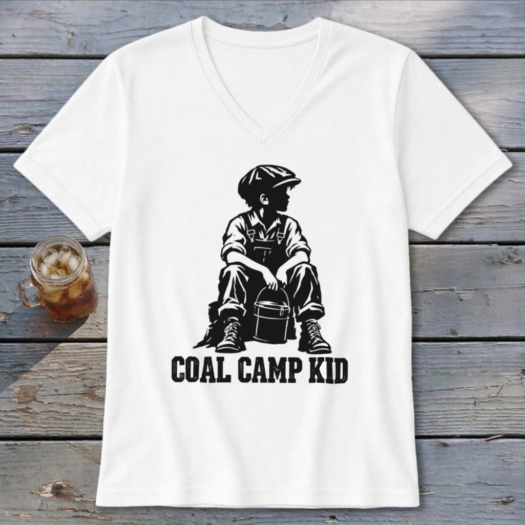 White t-shirt with a black graphic of a seated boy and "COAL CAMP KID" text.