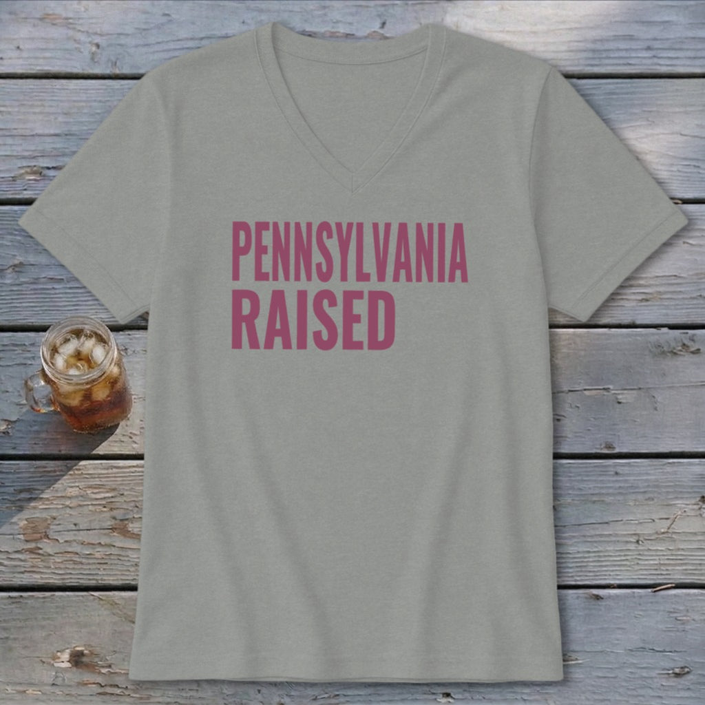 Grey v-neck t-shirt with pink text reading "PENNSYLVANIA RAISED".