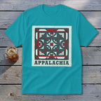 Bright blue t-shirt featuring a square quilt block graphic and the text Appalachia.