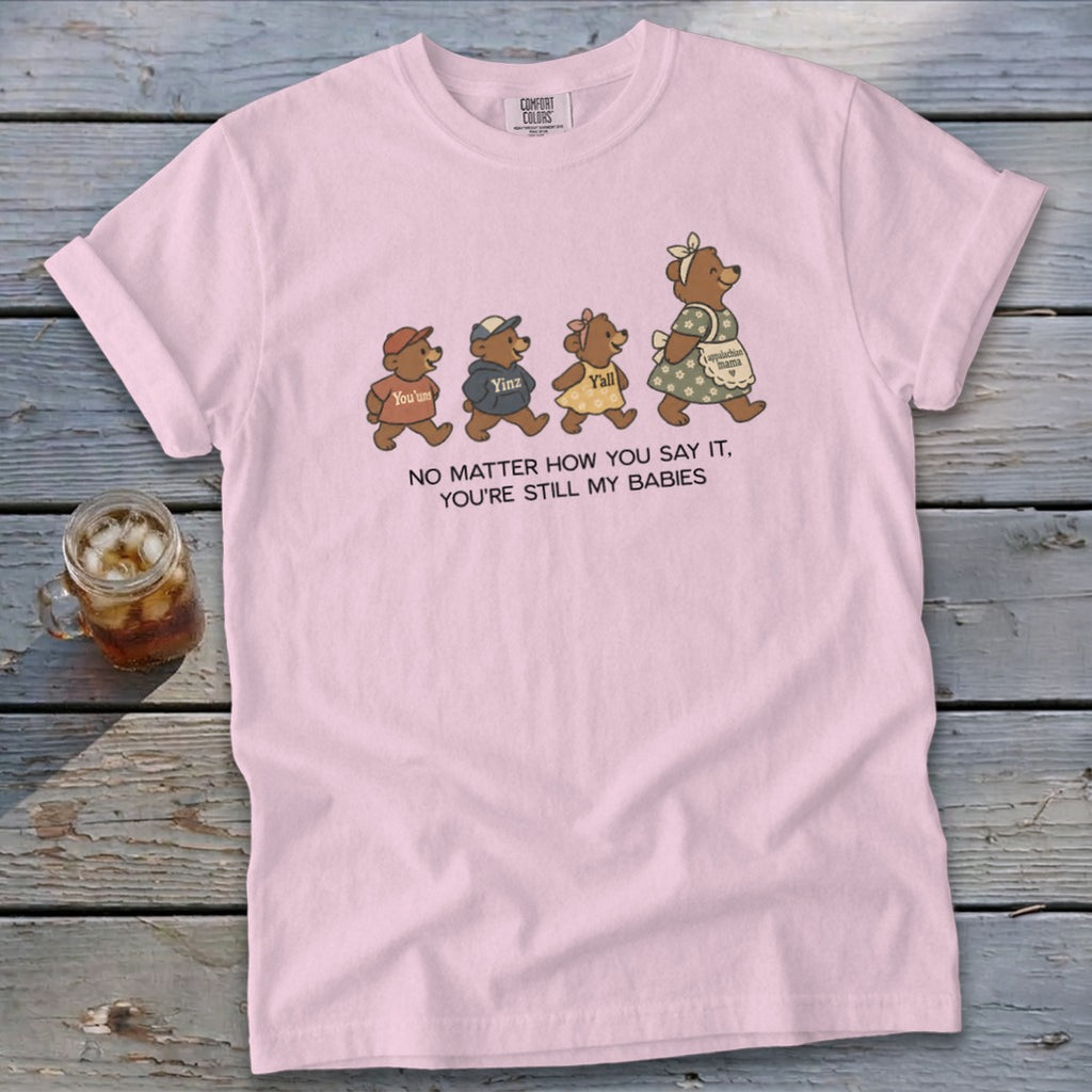 Pink t-shirt with bears labeled "You'uns," "Yinz," and "Y'all" walking behind a mama bear.