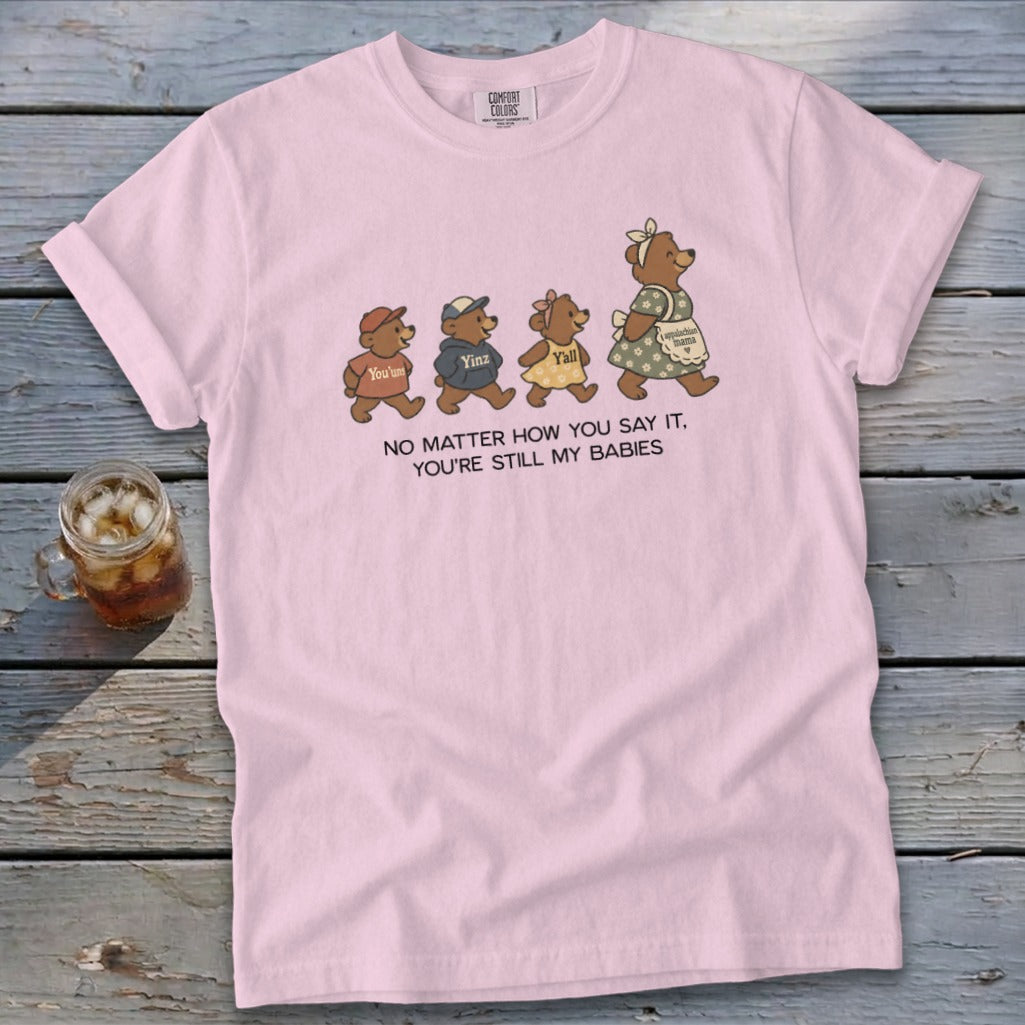 Pink t-shirt with bears labeled "You'uns," "Yinz," and "Y'all" walking behind a mama bear.