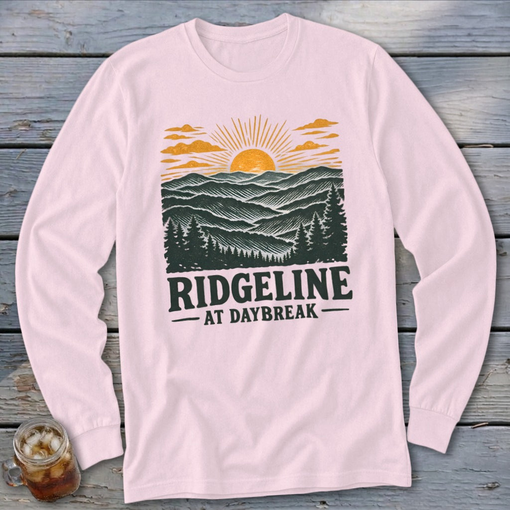 Long sleeve shirt with "RIDGELINE AT DAYBREAK" text and mountain sunrise graphic.