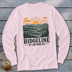 Long sleeve shirt with "RIDGELINE AT DAYBREAK" text and mountain sunrise graphic.