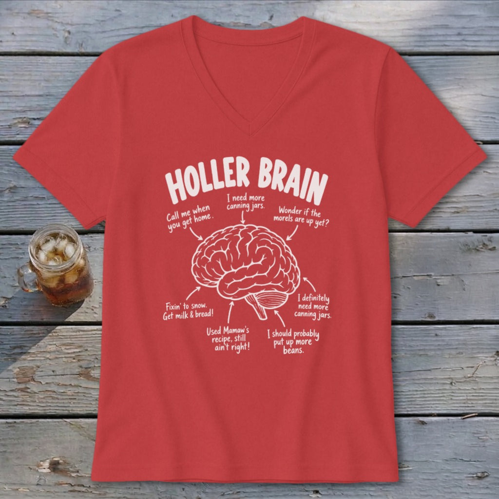 Red t-shirt with "Holler Brain" and a diagram of a brain with humorous canning-related labels.