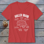 Red t-shirt with "Holler Brain" and a diagram of a brain with humorous canning-related labels.