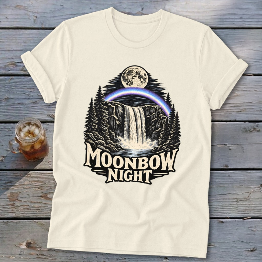 Cream t-shirt with a black and white illustration of a waterfall under a moonbow and text "MOONBOW NIGHT".
