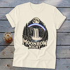 Cream t-shirt with a black and white illustration of a waterfall under a moonbow and text "MOONBOW NIGHT".