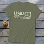 Olive green t-shirt with "Appalachia #Pennsylvania" printed on the front.