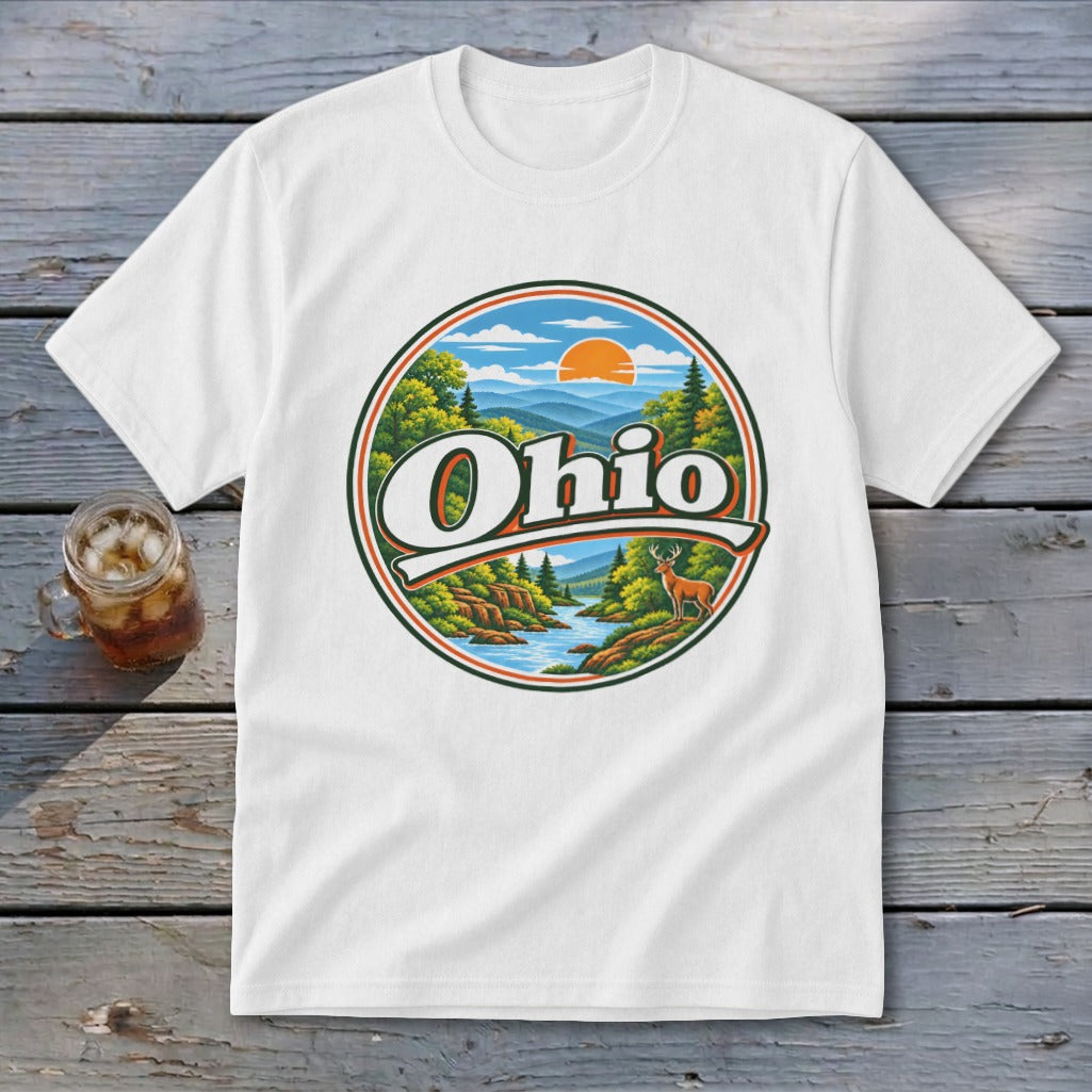 White t-shirt featuring a circular graphic with the word "Ohio" over a scenic landscape.