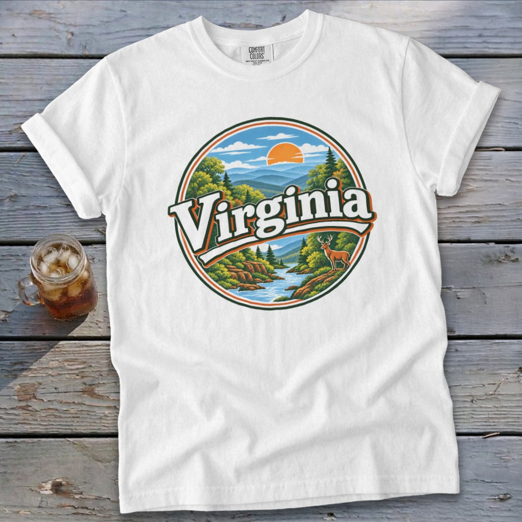White t-shirt with circular graphic of Virginia landscape and text.