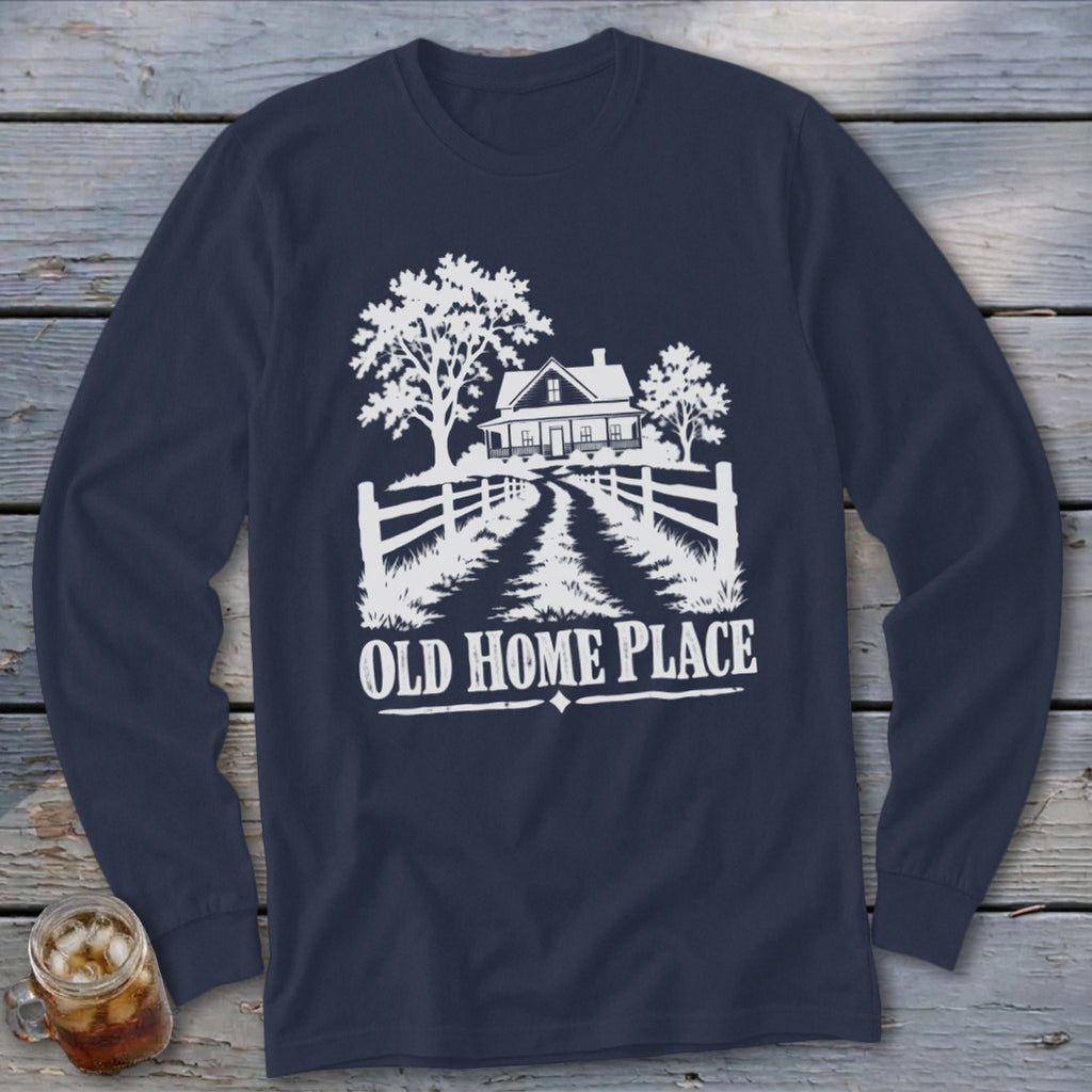 Long sleeve navy t-shirt with a white graphic of a farmhouse and trees.