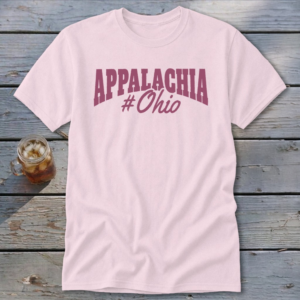 Pink t-shirt with "Appalachia #Ohio" text in maroon.