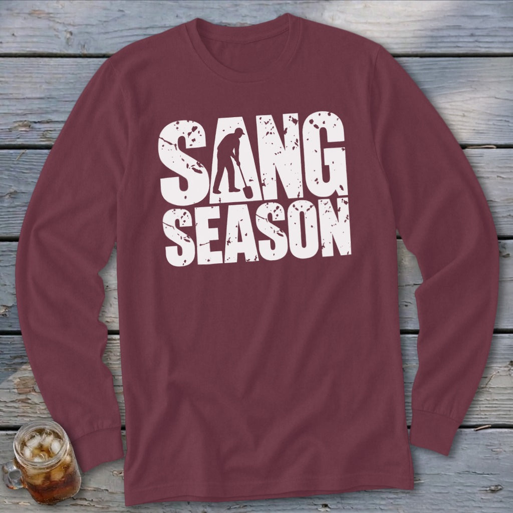Maroon long-sleeve t-shirt with distressed white text reading SANG SEASON and a silhouette of someone digging.