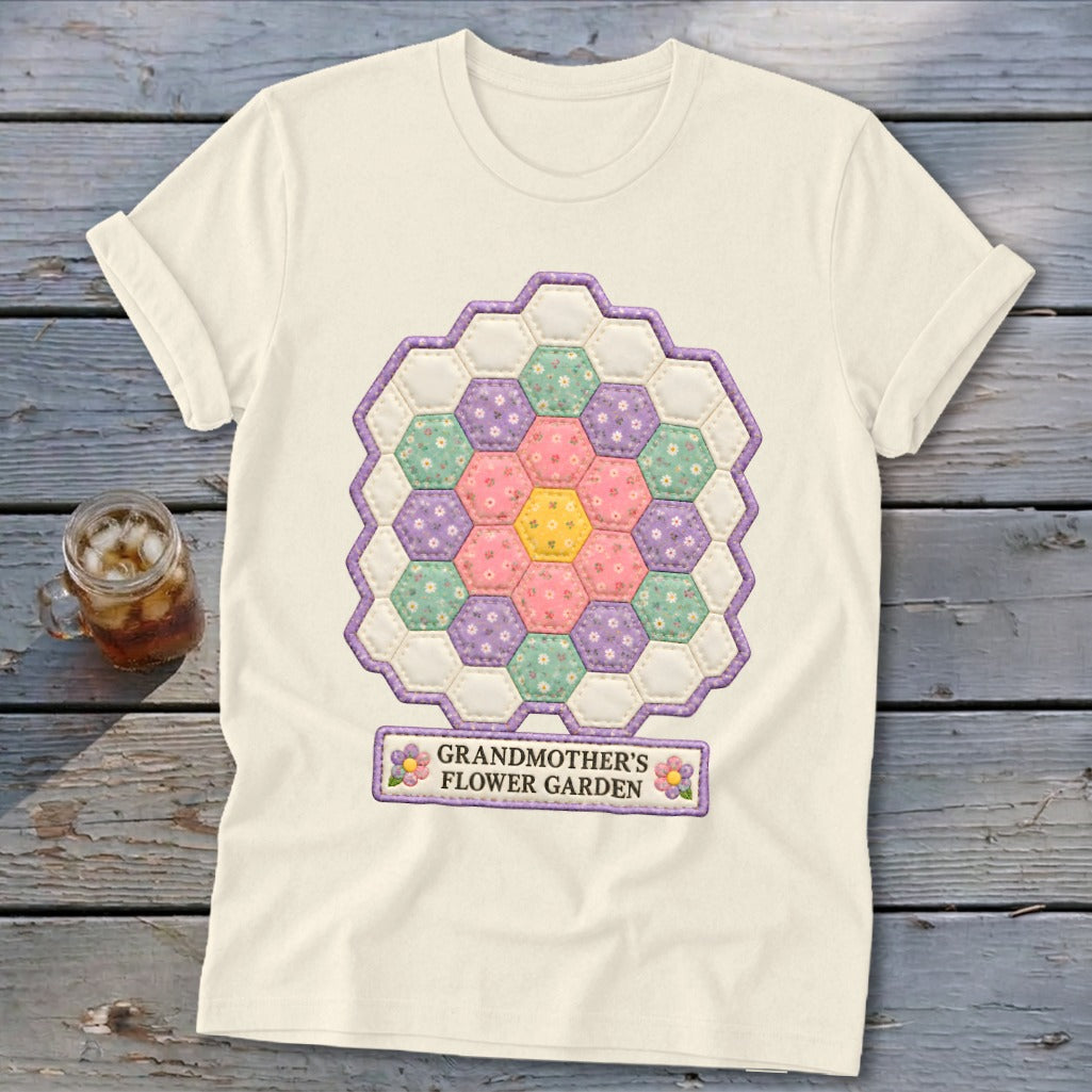 Cream t-shirt with Grandmother's Flower Garden quilt design and text.