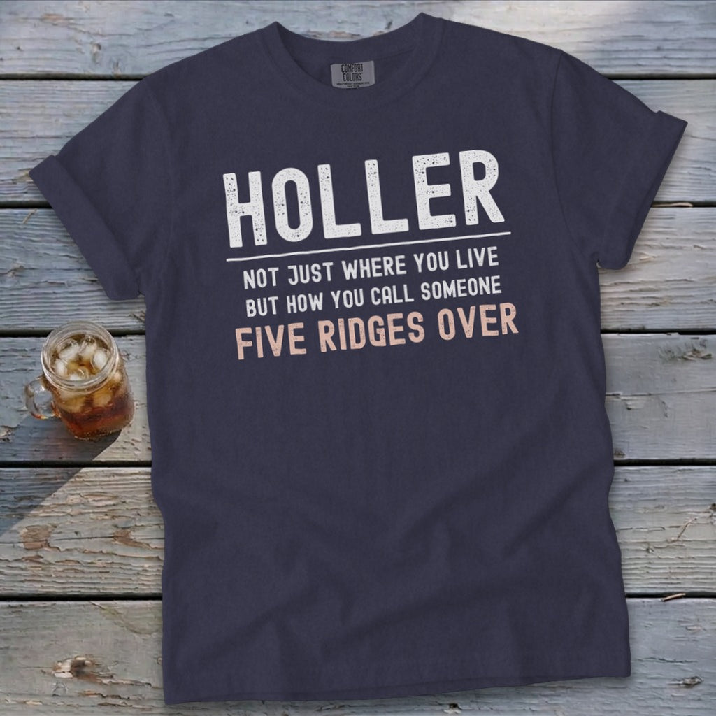 Navy t-shirt with "HOLLER" and "FIVE RIDGES OVER" text.
