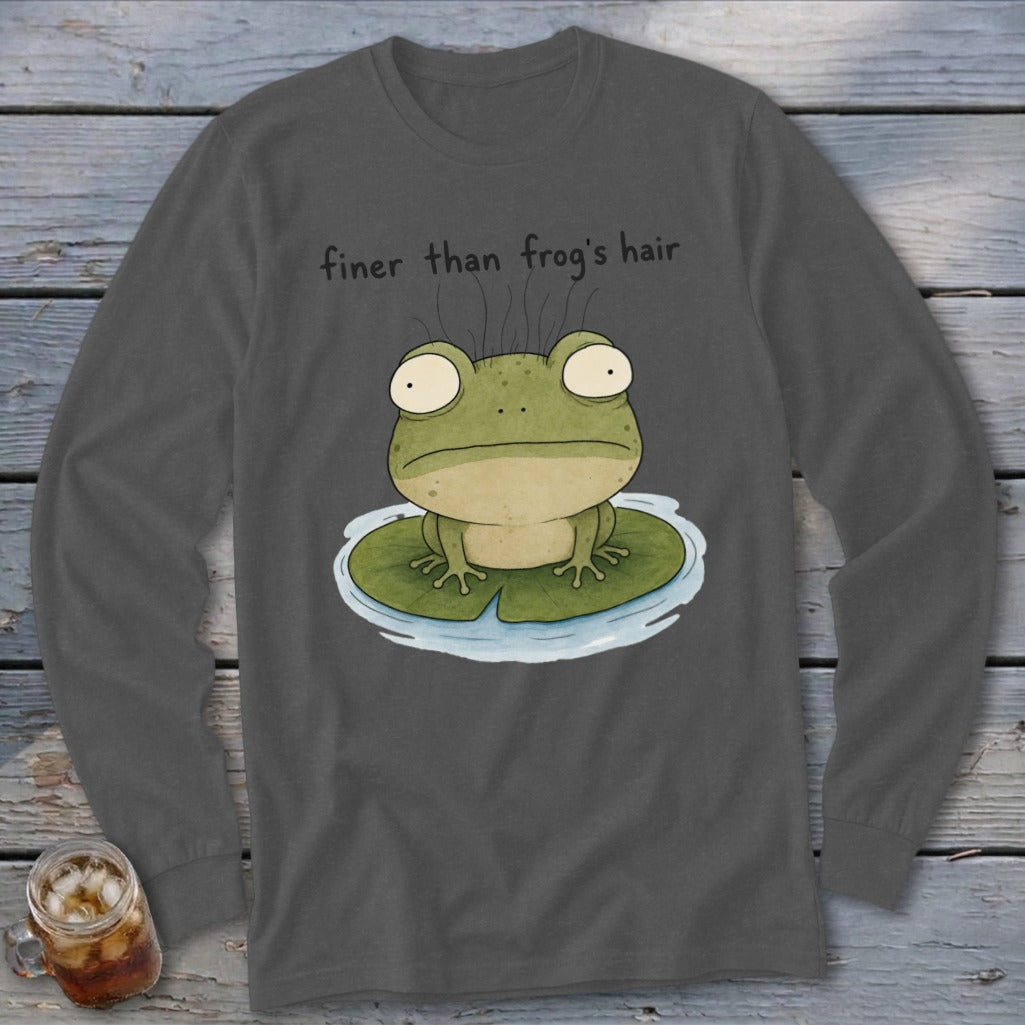 Dark grey long-sleeve t-shirt with a cartoon frog on a lily pad and the text "finer than frog's hair".