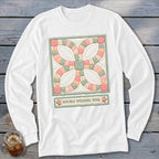 White long-sleeve shirt with a Double Wedding Ring quilt block design.