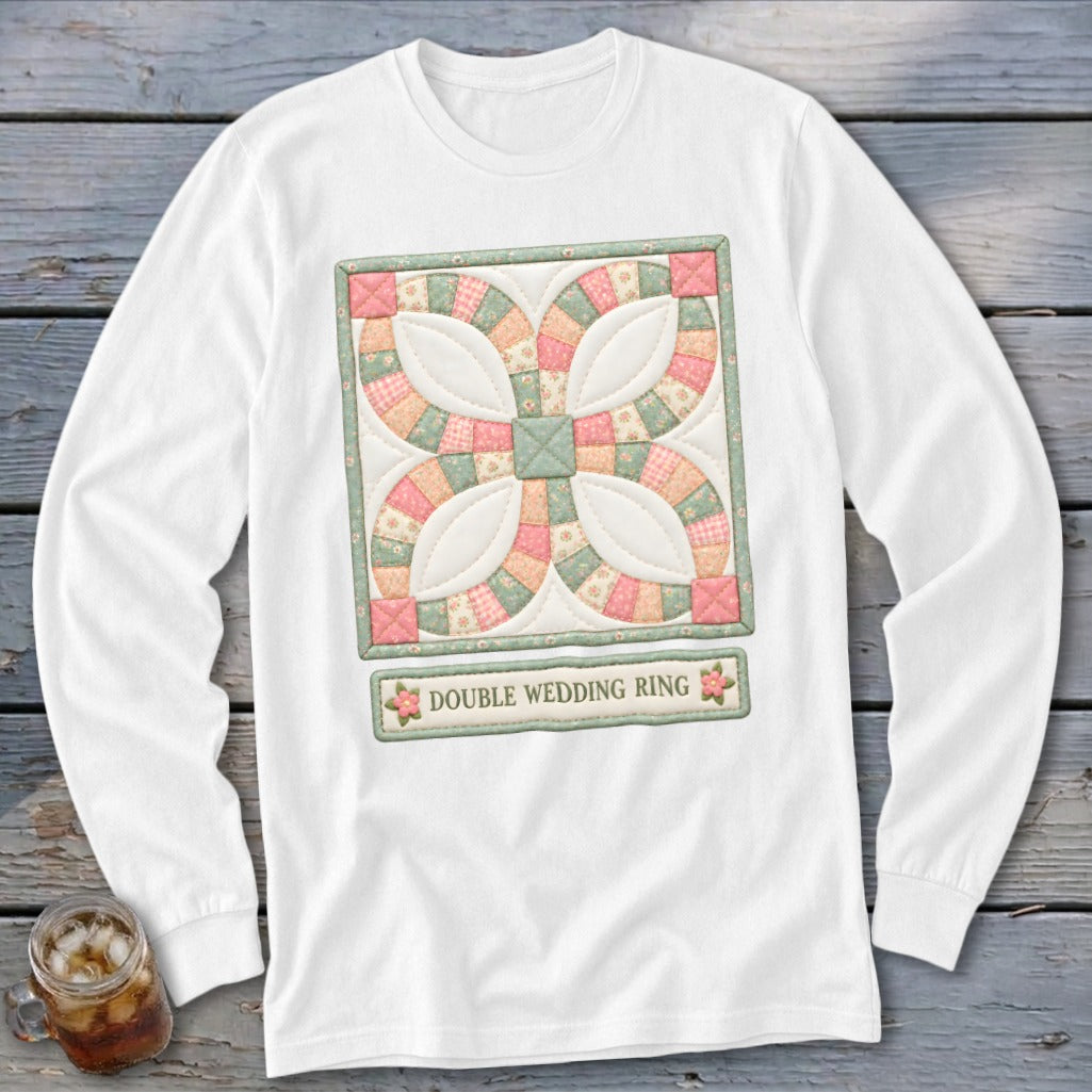 White long-sleeve shirt with a Double Wedding Ring quilt block design.