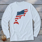White long-sleeve t-shirt featuring a distressed graphic of a jumping fish patterned with the American flag.