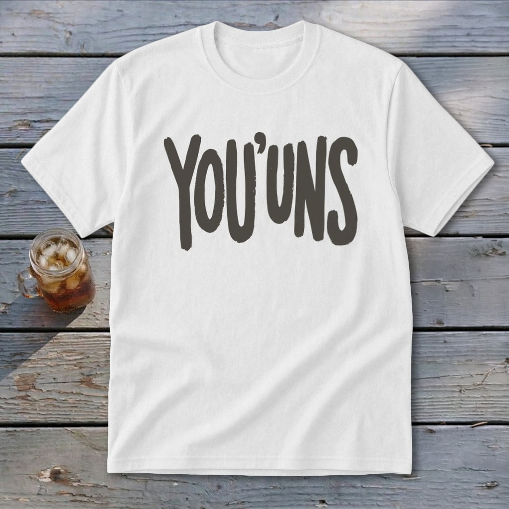 White t-shirt with "YOU'UNS" printed in large dark gray lettering.