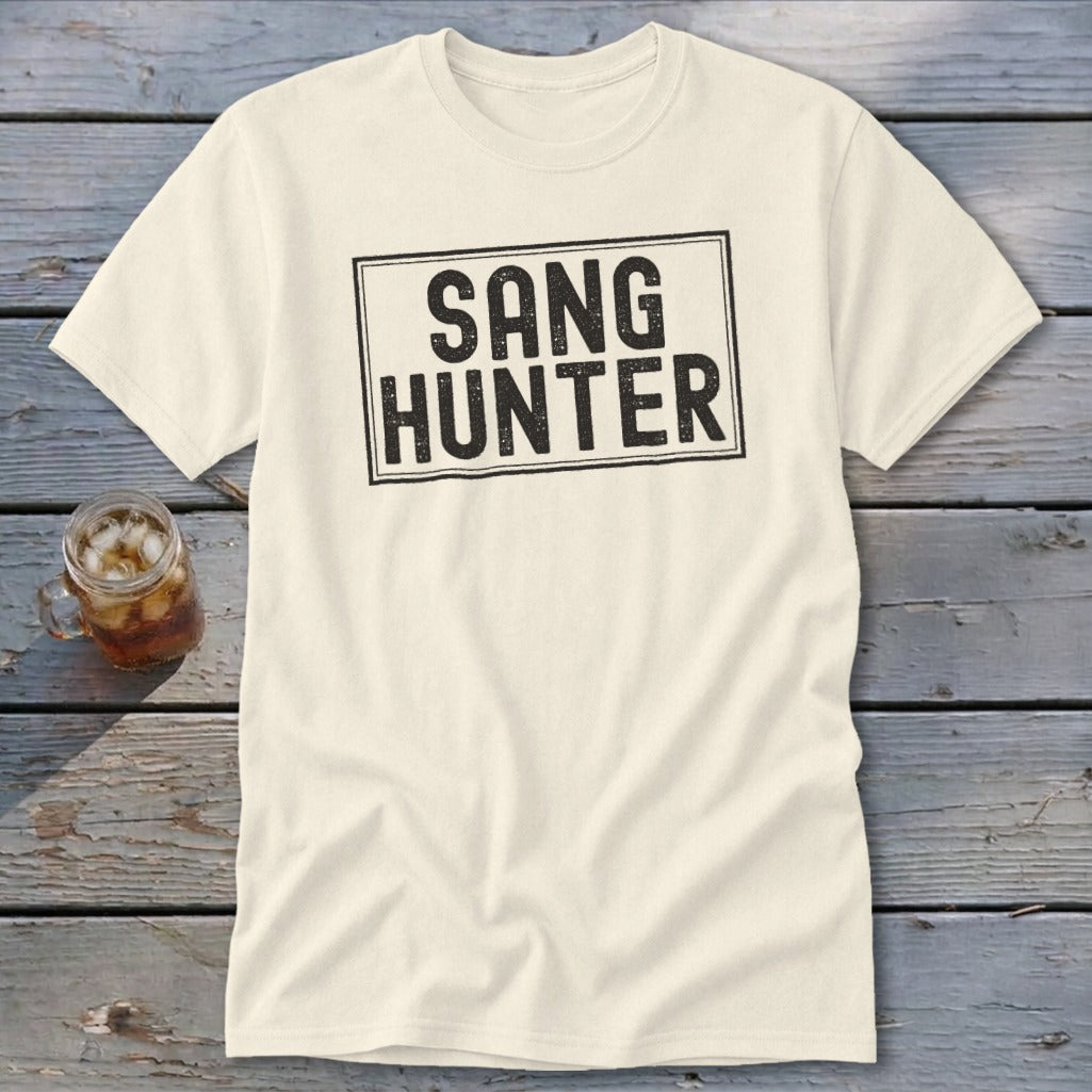 Cream t-shirt with black distressed text reading "SANG HUNTER" inside a rectangle.