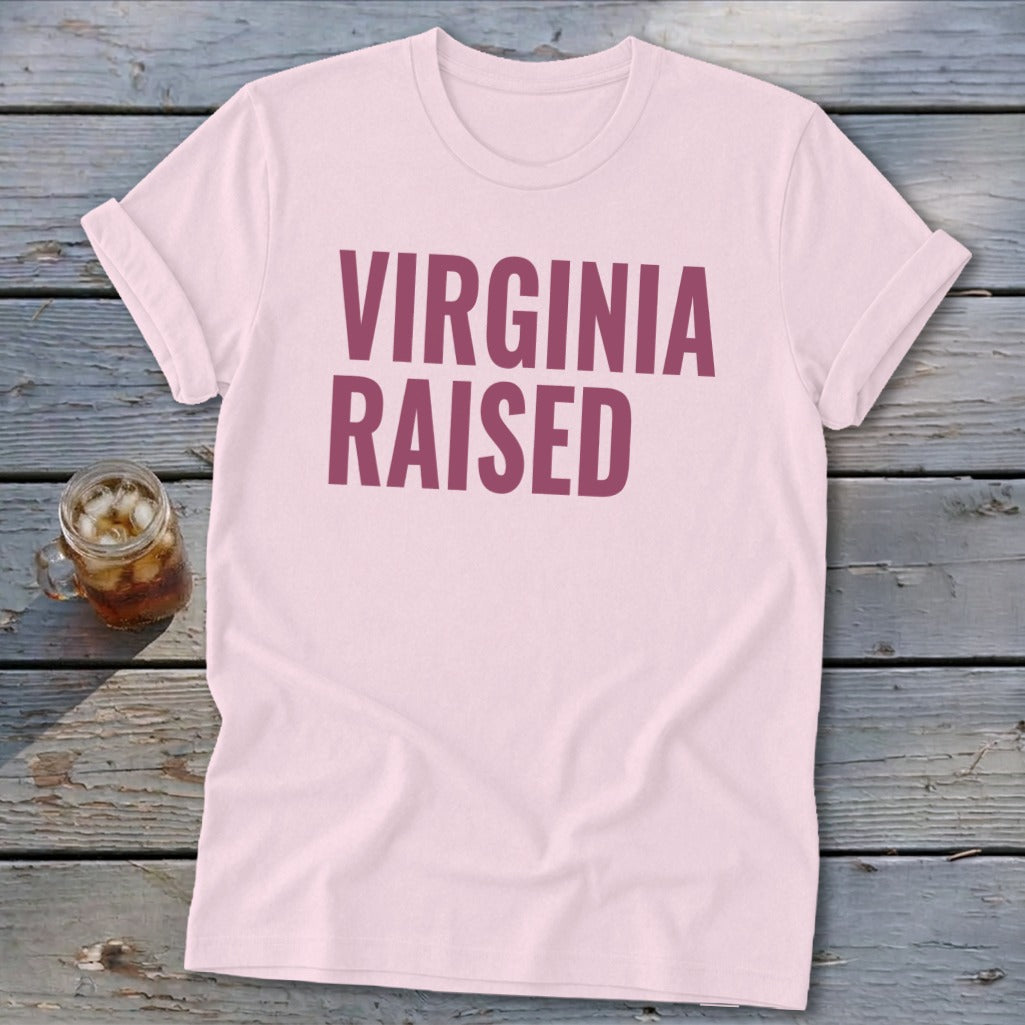 Light pink t-shirt with "Virginia Raised" in burgundy lettering.