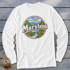 White long-sleeve shirt with circular Maryland landscape graphic featuring deer and river.