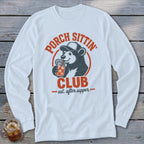 White long-sleeve shirt with distressed graphic of bear drinking from a mason jar.
