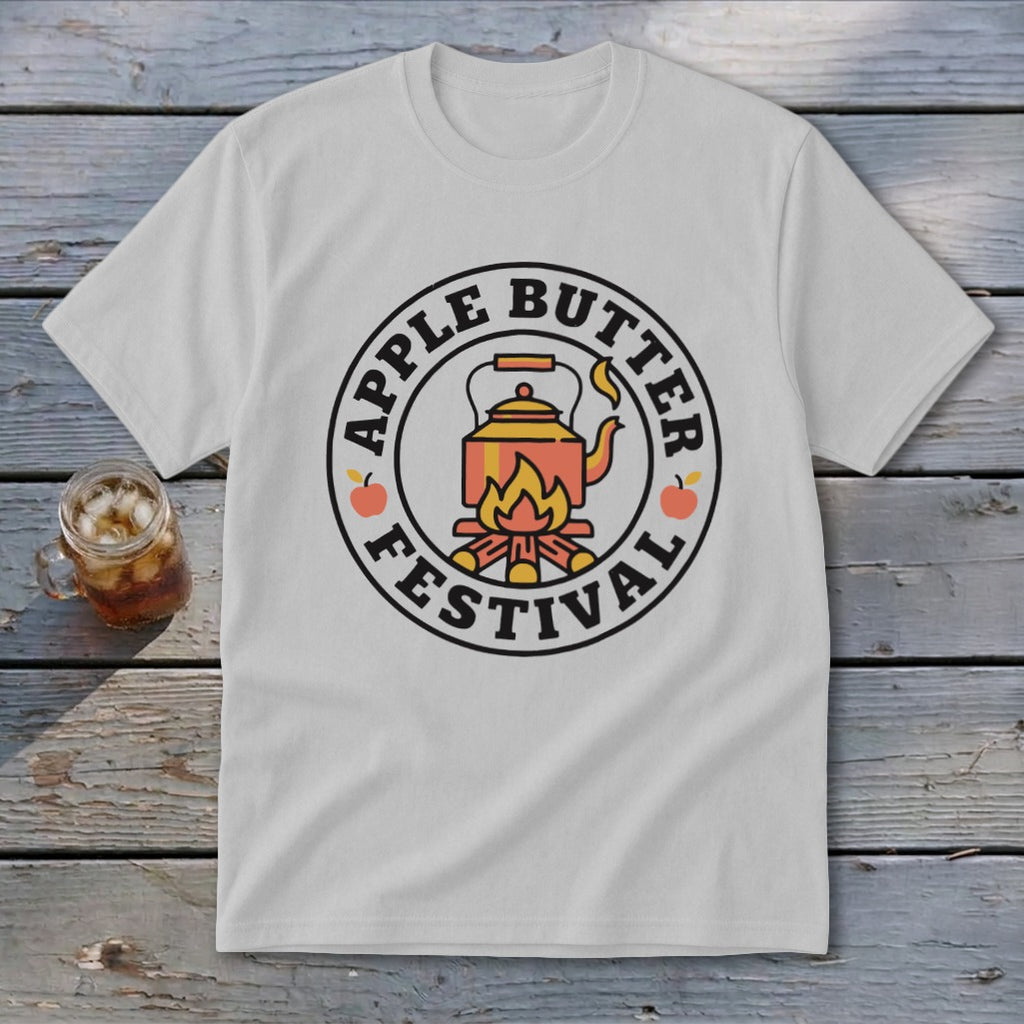 White t-shirt with "Apple Butter Festival" circular logo featuring a kettle over a campfire.