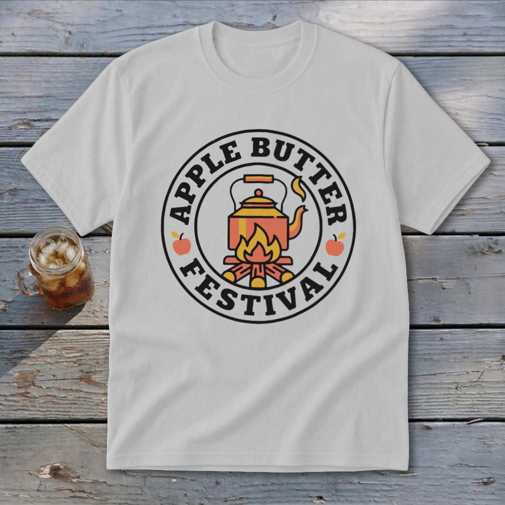 White t-shirt with "Apple Butter Festival" circular logo featuring a kettle over a campfire.