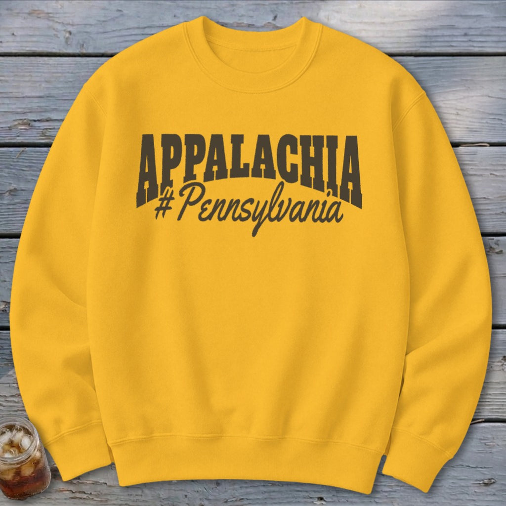 Yellow crewneck sweatshirt with "APPALACHIA" and "#Pennsylvania" text.