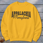 Yellow crewneck sweatshirt with "APPALACHIA" and "#Pennsylvania" text.