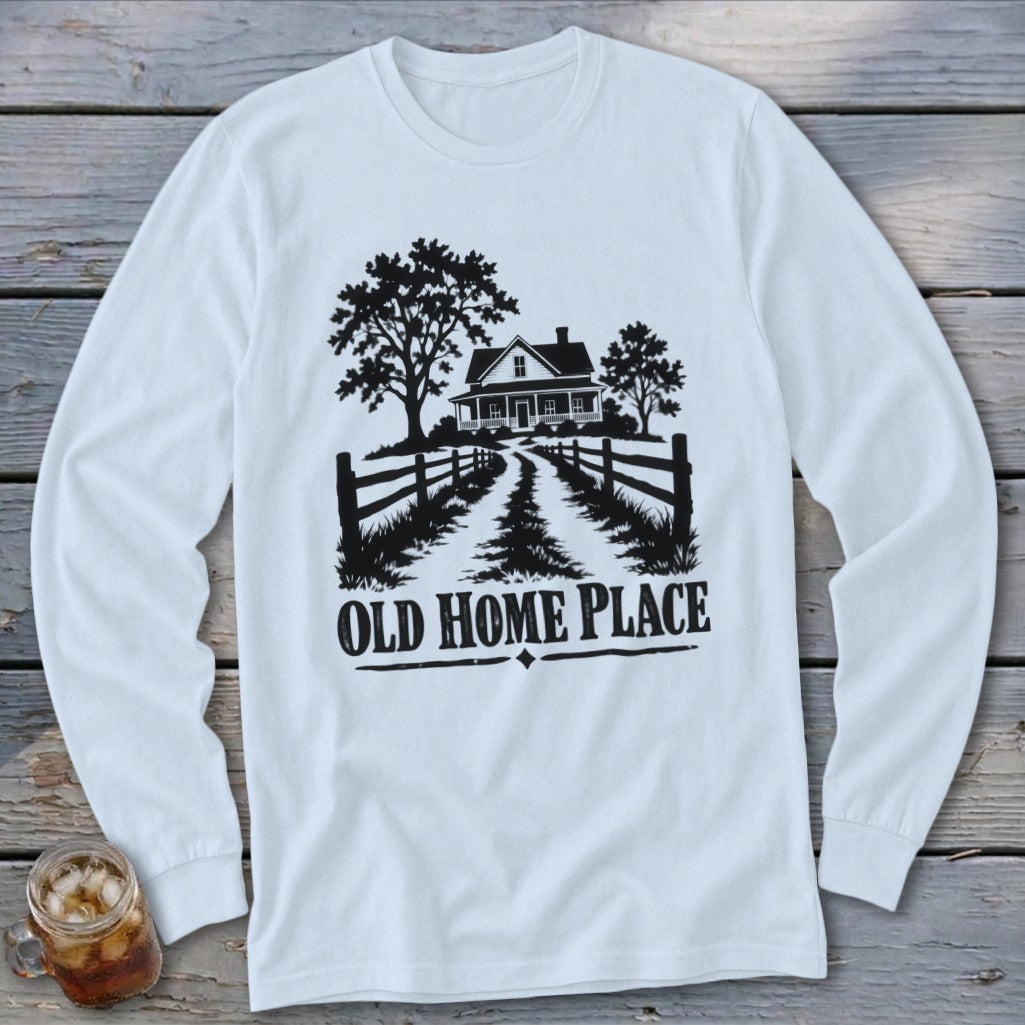 White long-sleeve shirt with a black graphic of a house and trees with text "OLD HOME PLACE."