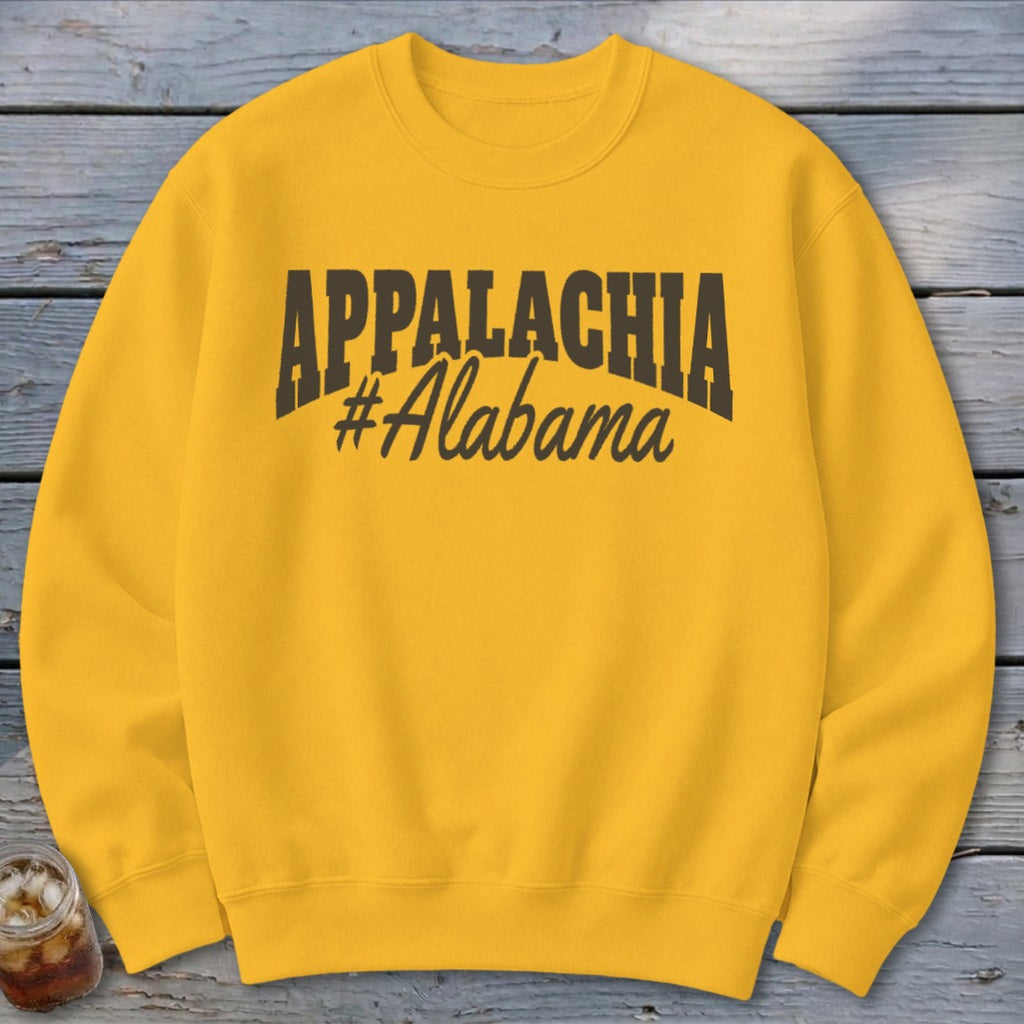 Yellow sweatshirt with "APPALACHIA #Alabama" text.