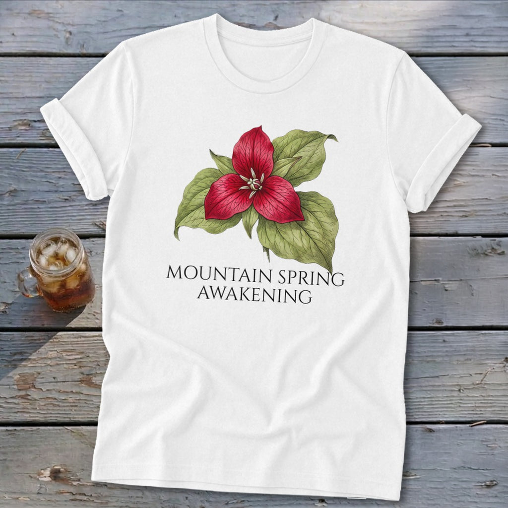 White t-shirt with red trillium flower and text "MOUNTAIN SPRING AWAKENING".