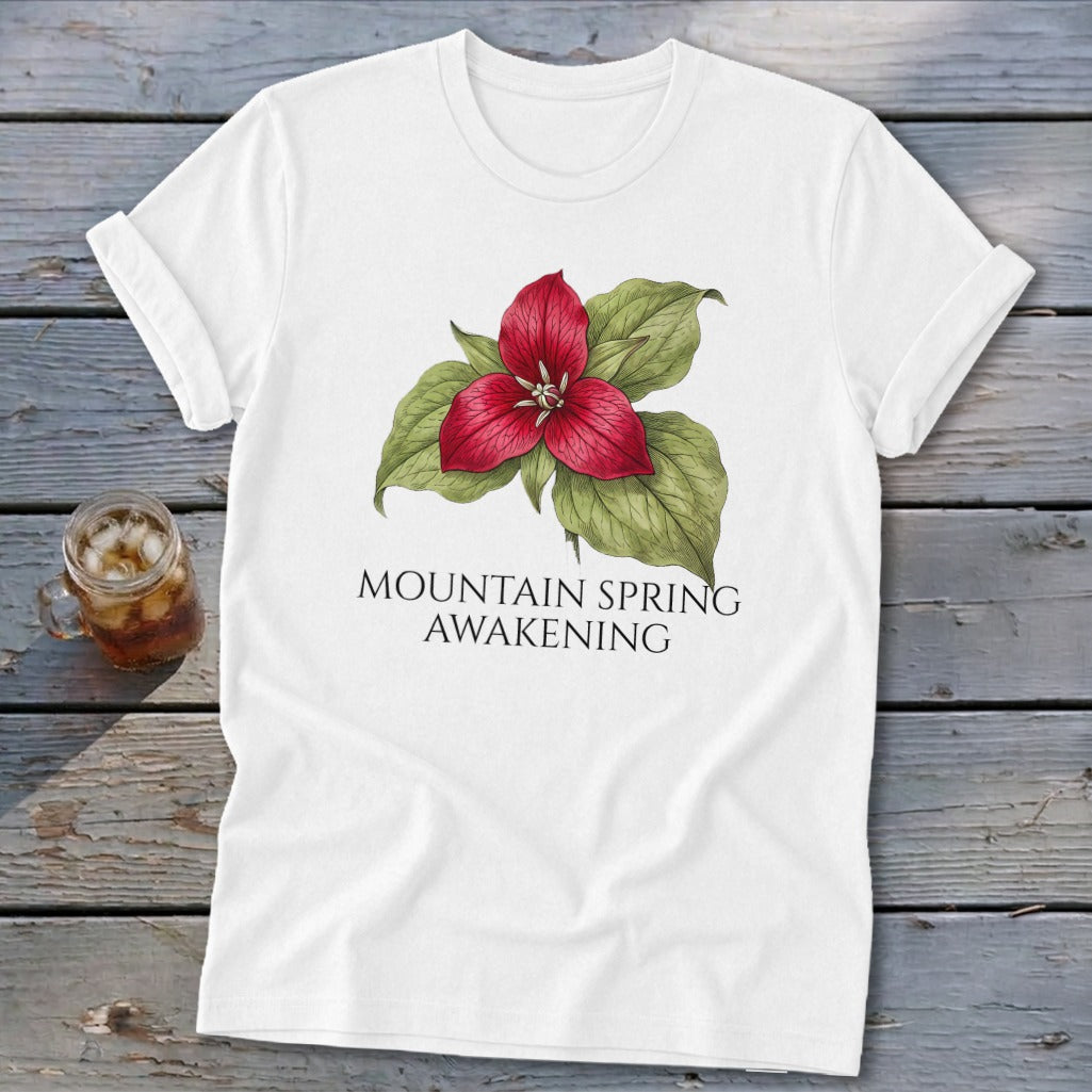 White t-shirt with red trillium flower and text "MOUNTAIN SPRING AWAKENING".