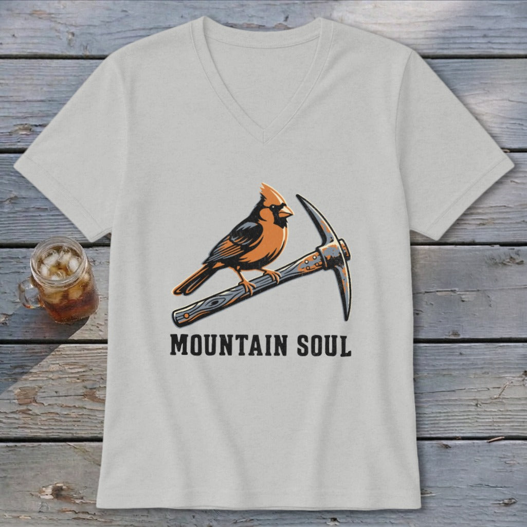 Grey t-shirt with a cardinal perched on a pickaxe, text reads "MOUNTAIN SOUL".