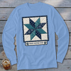 Light blue long-sleeve shirt with an "Eight-Pointed Star" quilt design.
