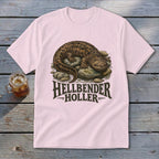 Pink t-shirt with Hellbender amphibian graphic and "HELLBENDER HOLLER" text.